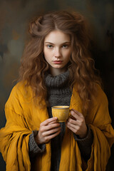 Portrait of serious young woman holding a cup of coffee and looking at the camera.