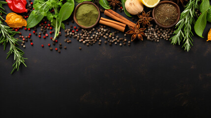 Fototapeta na wymiar Spices and herbs on black slate background
