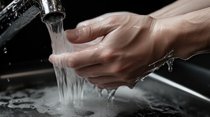 Hands carefully washed with soap under the tap - obrazy, fototapety, plakaty