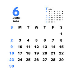 2024年6月 シンプルなカレンダー - obrazy, fototapety, plakaty