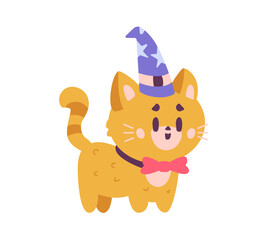 Cute magic cat in a hat and a bow tie character flat vector illustration isolated on white.