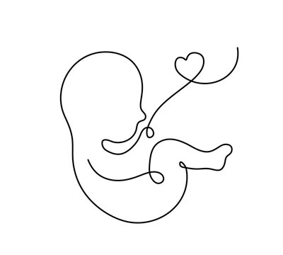 recommend clip art: Vector isolated baby fetus embryo with an umbilical cord one single contemporary line colorless black and white contour line easy drawing