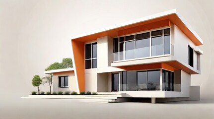  Modern Two-Story House with Orange and White Exterior and Landscaping