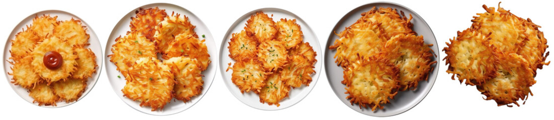 top view of a plate of Crispy hash browns - obrazy, fototapety, plakaty