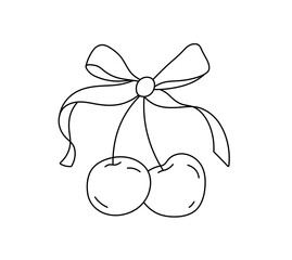 Vector isolated two pair couple cherry berries with ribbon bow colorless black and white contour line easy drawing