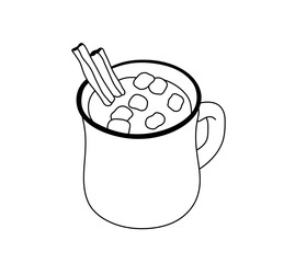 Vector isolated one single cup of cocoa, hot chocolate with marshmallows and cinnamon sticks colorless black and white contour line easy drawing