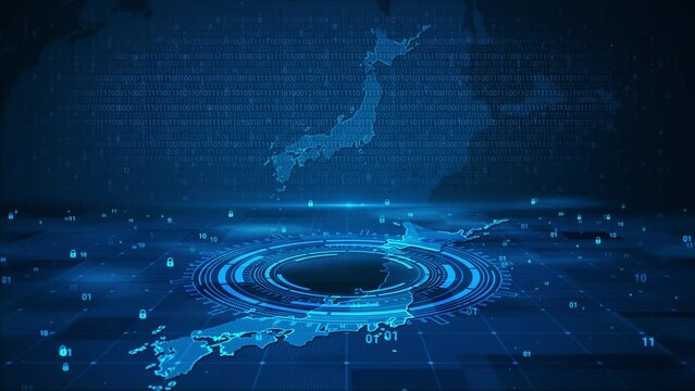 Digital technology security numbers circle background on Japan map HUD