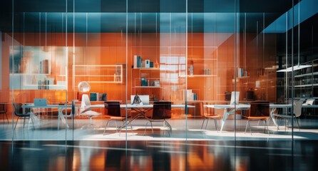 Blurred background of a modern office interior in gray tones with panoramic windows, glass...