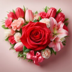 Beautiful Pink and Red Floral Arrangement with Roses and Lilies on a Pink Background