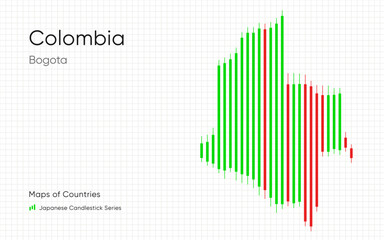 Naklejka premium Colombia White map is shown in a chart with bars and lines. Bogota. Banking. Japanese candlestick chart Series