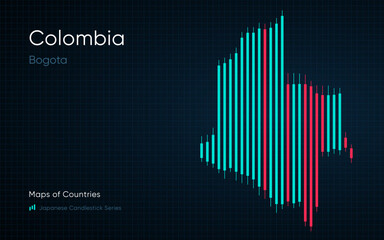 Colombia map is shown in a chart with bars and lines. Bogota. Banking. Japanese candlestick chart Series