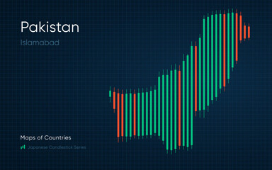 Pakistan map is shown in a chart with bars and lines. Islamabad. Banking. Japanese candlestick chart Series - obrazy, fototapety, plakaty