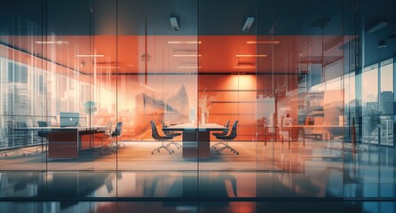 Blurred background of a modern office interior in gray tones with panoramic windows, glass partitions and orange color accents. Empty open space office. Abstract light bokeh at office interior.