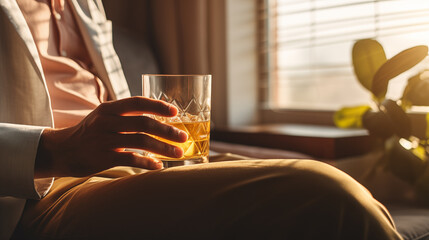 A glass of alcoholic drink in the hands of a man close-up. A man drinks alcohol in a hotel room or at home. Tasting spirits such as scotch, brandy or whiskey. Generated AI - obrazy, fototapety, plakaty