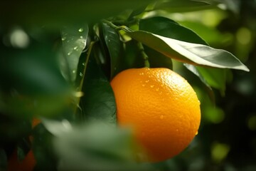 Fresh orange fruit on tree at orchard. generative ai.