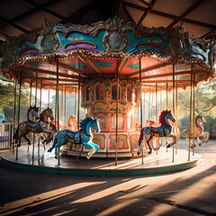 A whimsical carousel in an empty amusement park - obrazy, fototapety, plakaty