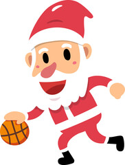 Cartoon christmas santa claus playing basketball for design.