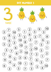 Find and dot number three. Learning number 3 with cute pineapples. Educational worksheet.