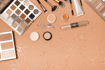 Flat lay of Makeup cosmetic product. New trending PANTONE Peach Fuzz colour of 2024 year - 690096729