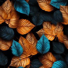 Seamless pattern of Orange and Blue falling leaves.