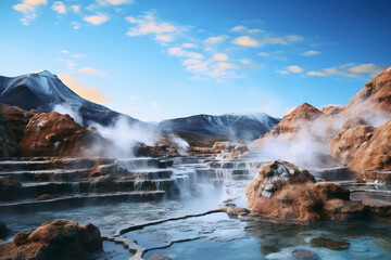 Steam rises from thermal hot springs nestled in a mountainous region - a tranquil scene of natural geothermal activity and warmth.