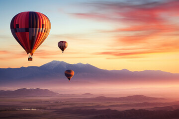 Hot air balloons rising gracefully at sunrise - illuminated by a warm glow - offering a serene ascent and tranquil flight in scenic beauty. - obrazy, fototapety, plakaty