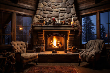 A cozy fireplace crackles in a rustic mountain cabin - providing inviting warmth and comfort on a snowy winter evening.