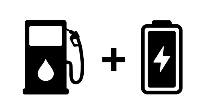 Hybrid Car Icon. Plug-in Hybrid Electric Vehicle. PHEV Car Icon. Electric Energy And Fuel Engine. Gas Station And Electrical Car Charger Sign. Vector Illustration