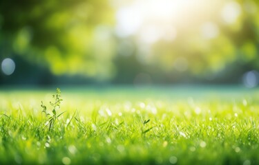 Beautiful blurred background image of spring nature with a neatly trimmed lawn surrounded by trees against a trees in the park a bright sunny day.