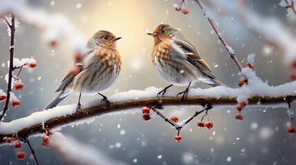 Two birds are sitting on a snowy tree branch - obrazy, fototapety, plakaty