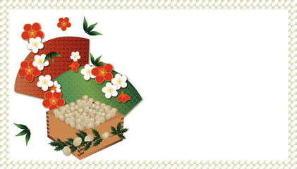 節分の豆と扇と梅の花のイラスト背景素材