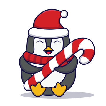 Cute Penguin Holding Candy Cane Vector Cartoon Illustration Isolated On White Background