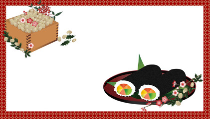 節分の恵方巻と豆と梅の花のイラスト背景素材