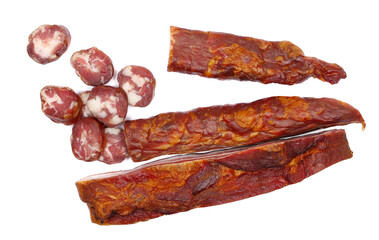Traditional homemade Dalmatian sausage with rosemary and bacon, slice isolated on white, clipping