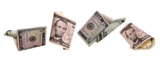 Set flying five dollars bill isolated on white, clipping path