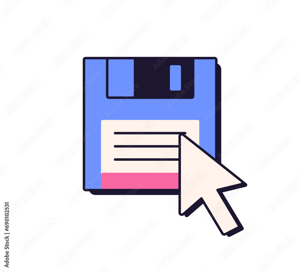Poster Mouse cursor on diskette, floppy disk symbol. Arrow pointer pointing at magnetic disc, file in old retro computer style of 90s and 00s design. Flat vector illustration isolated on white background