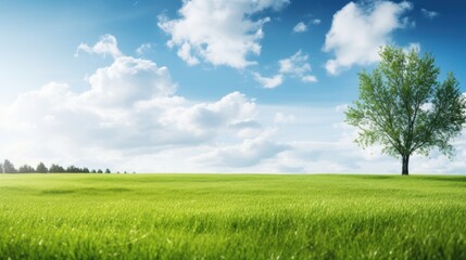Fototapeta na wymiar Beautiful blurred background image of spring nature with a neatly trimmed lawn surrounded by trees against a blue sky with clouds on a bright sunny day.