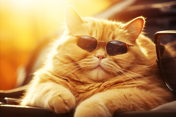 Happy cat in sunglasses lying on the beach in summer