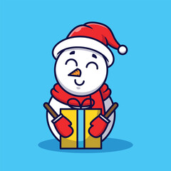 Cute Snowman Holding Gift Vector Cartoon Illustration Isolated