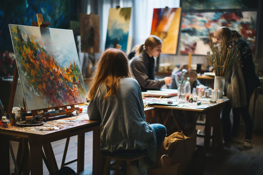 Art students painting in a studio - expressing creativity and talent through immersive artistic education and learning.