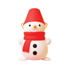 3d snowman icon. Cute snowman wearing red scarf and bucket isolated on a white background. Winter holiday illustration. Vector 10 EPS.