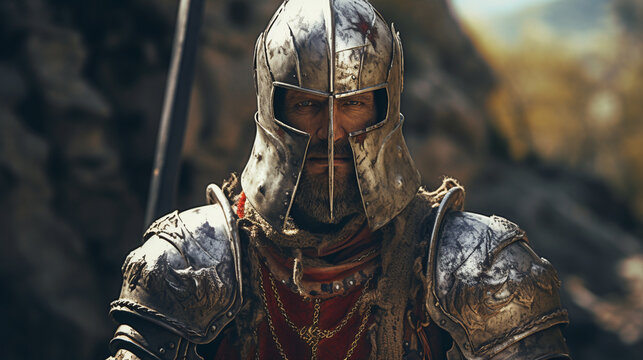 Medieval knight warrior in full armor, Helmet off revealing stern expression, AI Generated