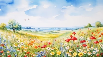 Fototapeten Watercolor summer idyllic landscape fields © Tariq