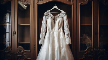 Wedding dress hanging in the wardrobe