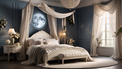 A tranquil bedroom bathed in moonlight, featuring a canopy bed, ethereal drapes, and a crescent moon nightlight.

