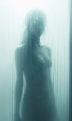 A woman standing in the shower with water dripping down her body. Generative AI.
