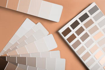 Color samples palette design catalog. New trending PANTONE Peach Fuzz colour of 2024 year - 690106786
