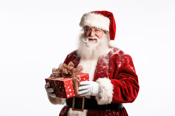 Santa Claus with a gift on a plain white background2