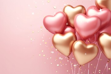 Stylish metallic pink and gold balloons with confetti. Valentine's day, international women day, romantic background
