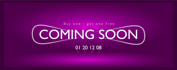 Obraz premium coming soon banner or facebook and Canva cover. coming soon hand written text with light pink decent background. stay tuned with us. we are arriving soon announcement concept, social media banner.